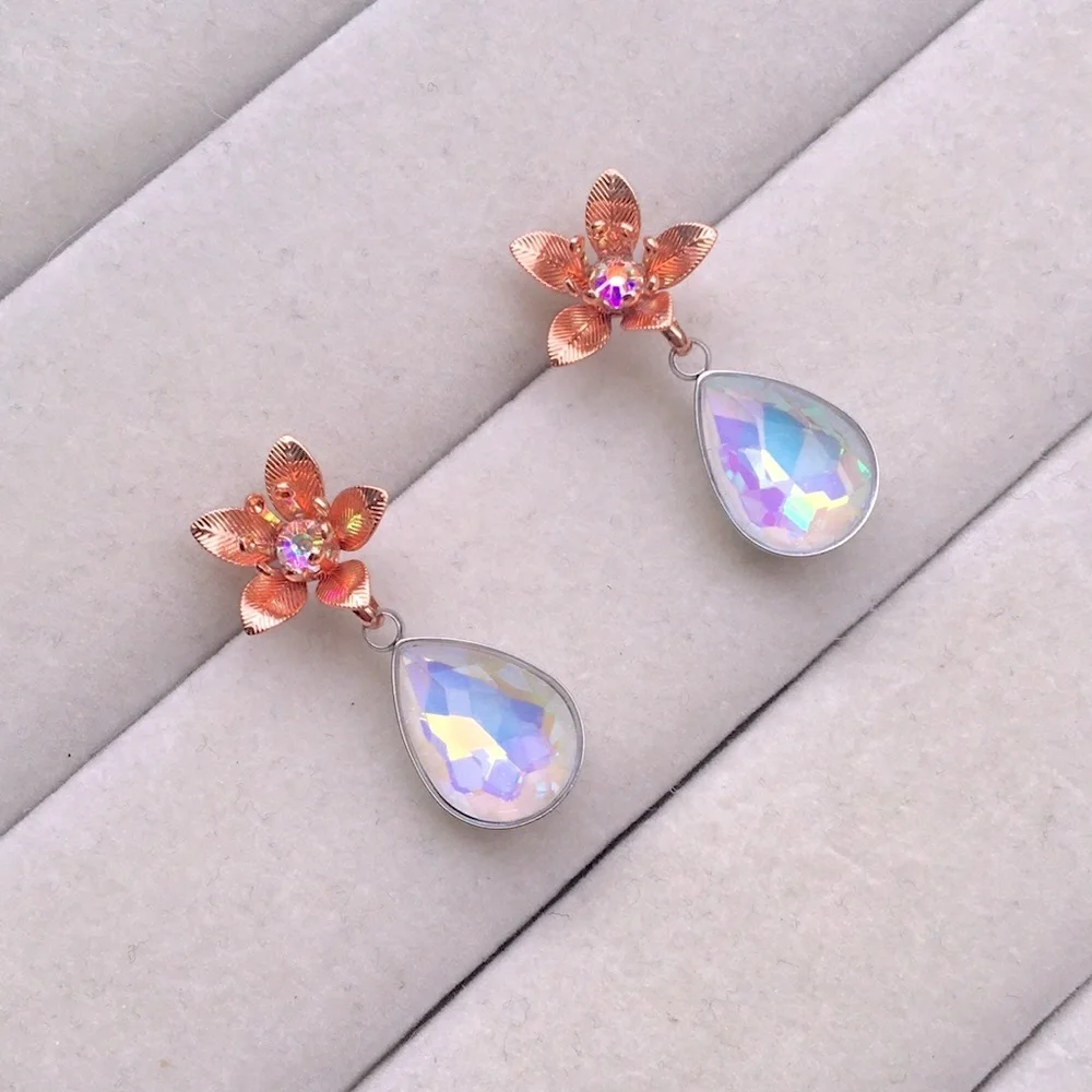 Iridescent White Aurora Borealis + Rose Gold Crystal Flower Drop Earrings